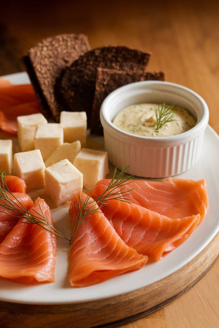 Indoor photo of gravlax (cured, cooked through) slices folded like snowflakes, dill havarti cubes, dark rye crisps, and mustard-dill sauce in a ramekin. No text or logos. Photo, not illustration.