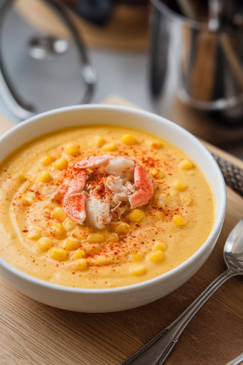 Indoor photo of creamy yellow corn chowder dotted with crab meat and sprinkled with paprika. No text or logos