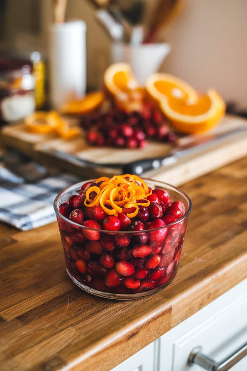 An indoor kitchen island with a glass bowl of vibrant cranberry orange relish, tiny zest curls sprinkled on top. No brands or text present. Photo, not illustration.