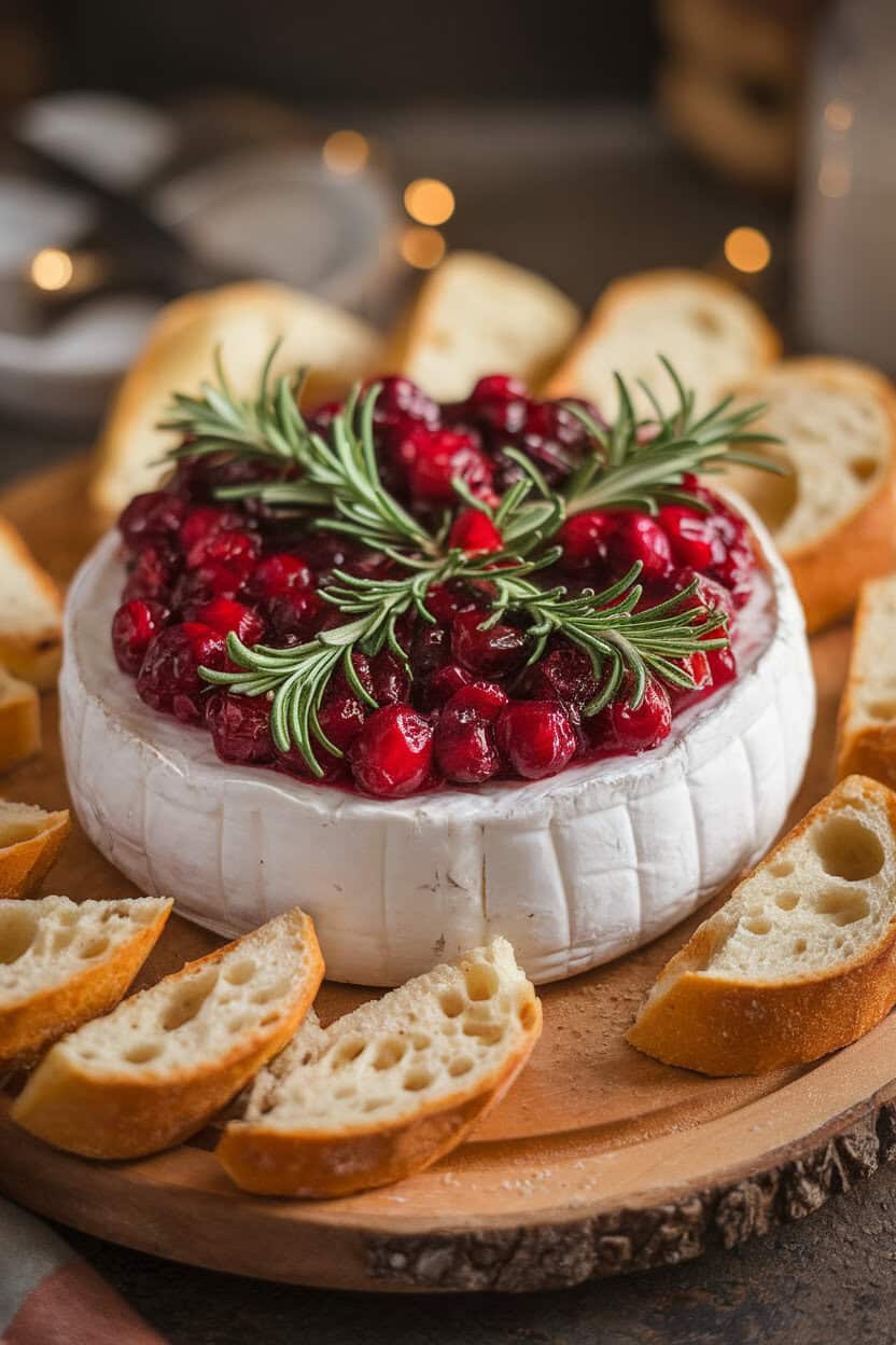 Indoor photo of a wooden board lined with a wheel of baked brie topped with cranberry-orange compote, green sprigs of rosemary arranged like holly leaves, and slices of toasted baguette. Warm, cozy lighting; no text or logos visible. Photo, not illustration.
