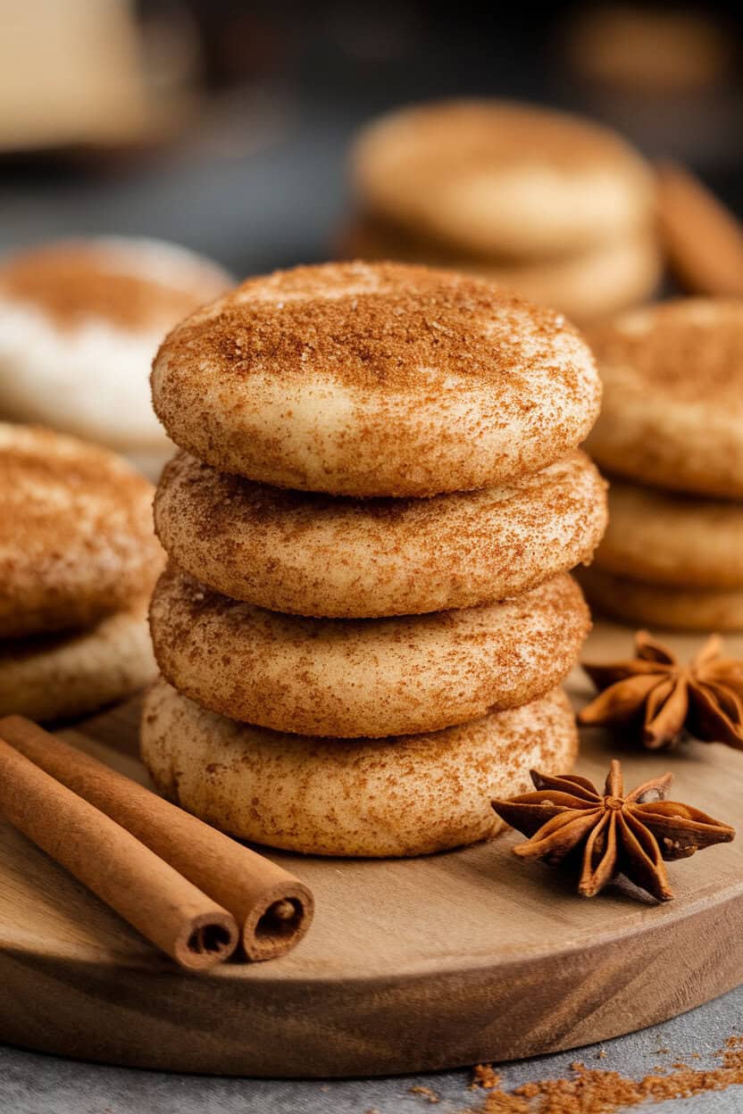 Indoor scene of round cookies coated in chai spice sugar blend, some stacked, cinnamon sticks and star anise nearby. No text or logos.