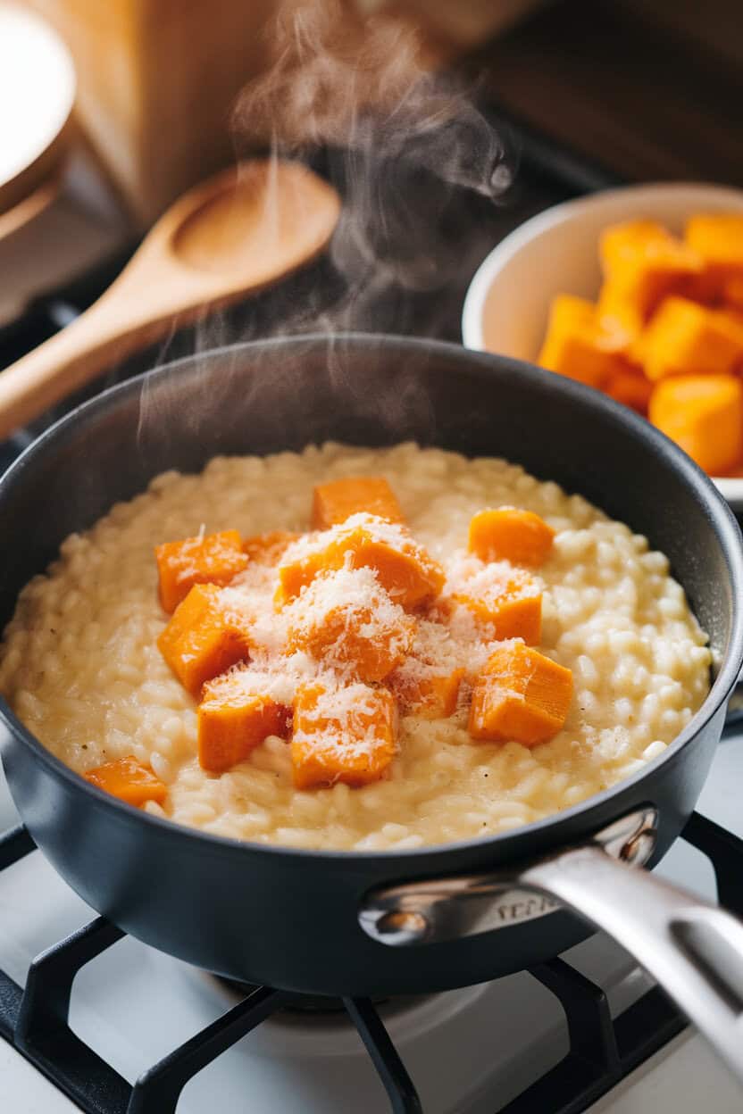 A saucepan of creamy risotto on a stovetop, dotted with roasted butternut cubes and finished with grated Parmesan. Indoor lighting, steam visible, no logos; photo, not illustration.