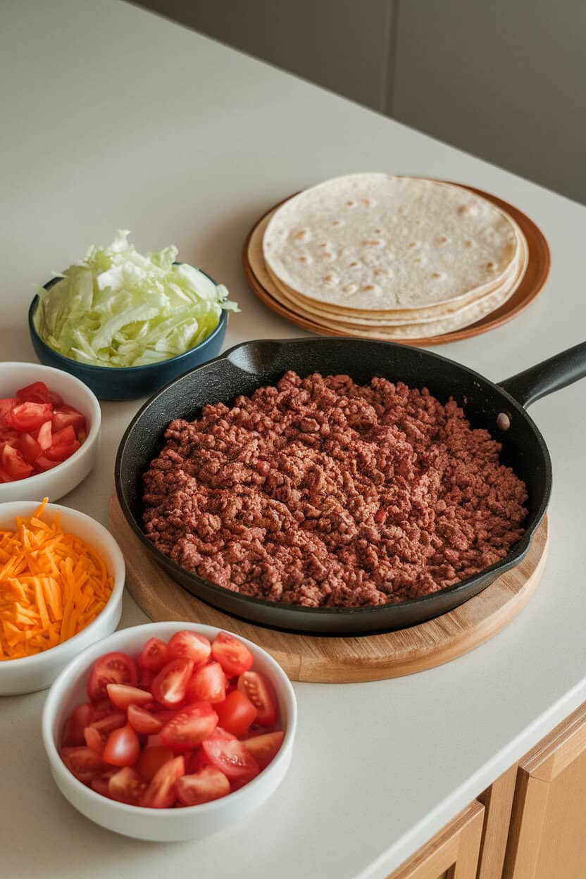 Indoor counter featuring a warm skillet of seasoned ground beef next to a plate of soft tortillas, bowls of shredded lettuce, diced tomatoes, and cheddar cheese arranged around it. No text or logos present.