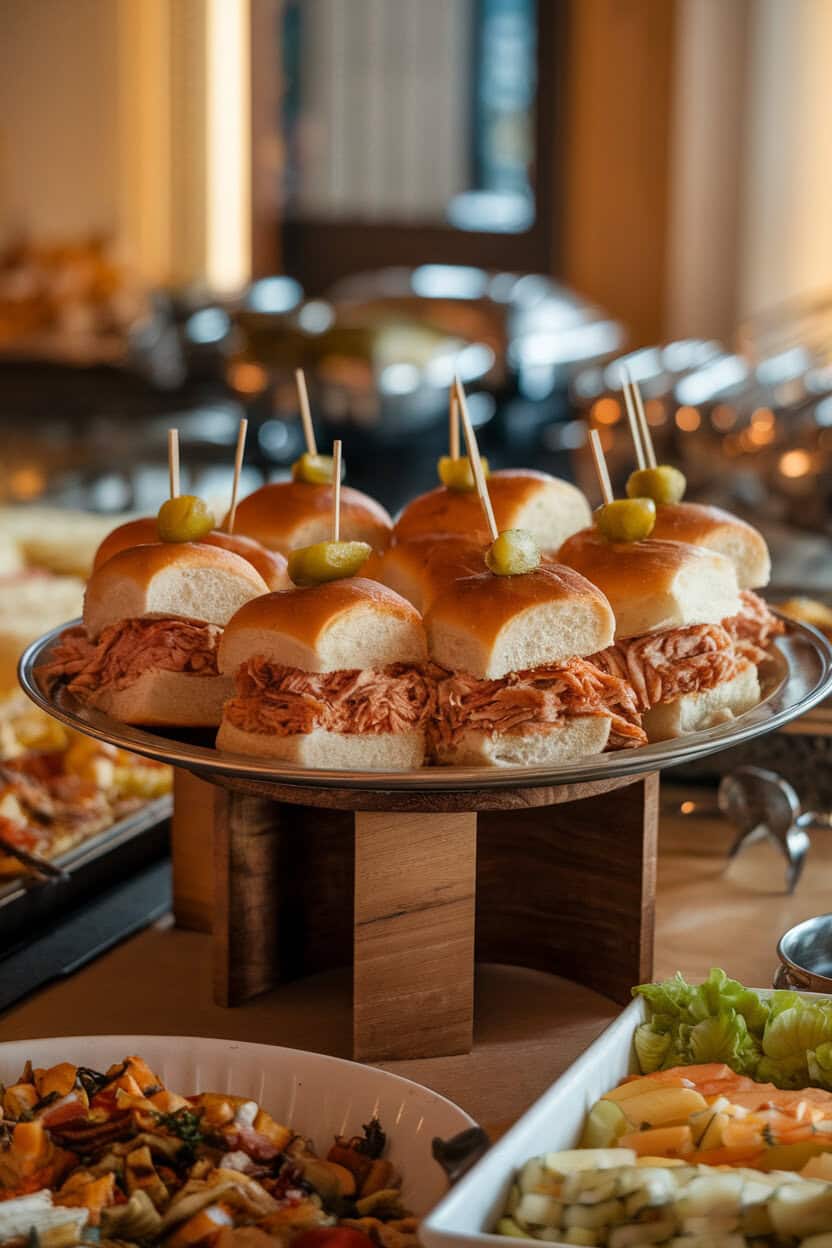 Indoor buffet scene featuring a platter of pulled BBQ chicken nestled in soft slider buns with pickles on top, warm lighting, no text or logos, photo style