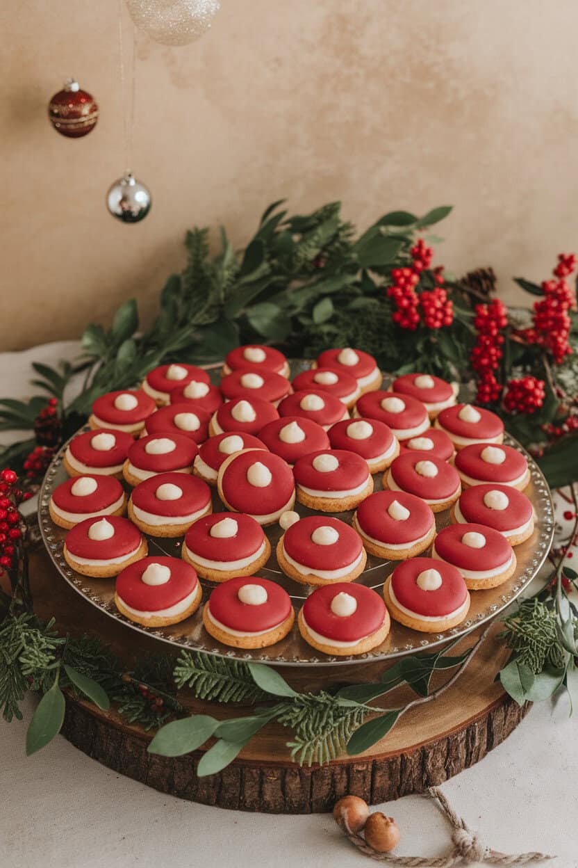 Indoor image of crimson thumbprint cookies filled with cream-cheese frosting, arranged on a festive platter. Photo only, no logos.