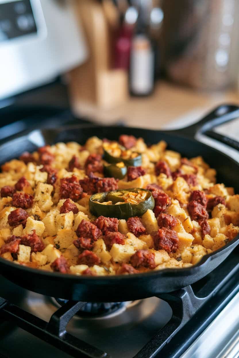 A cast-iron skillet on an indoor stove filled with cornbread stuffing flecked with spicy chorizo and roasted poblano strips, photographed at eye level. No text or logos; photo only.