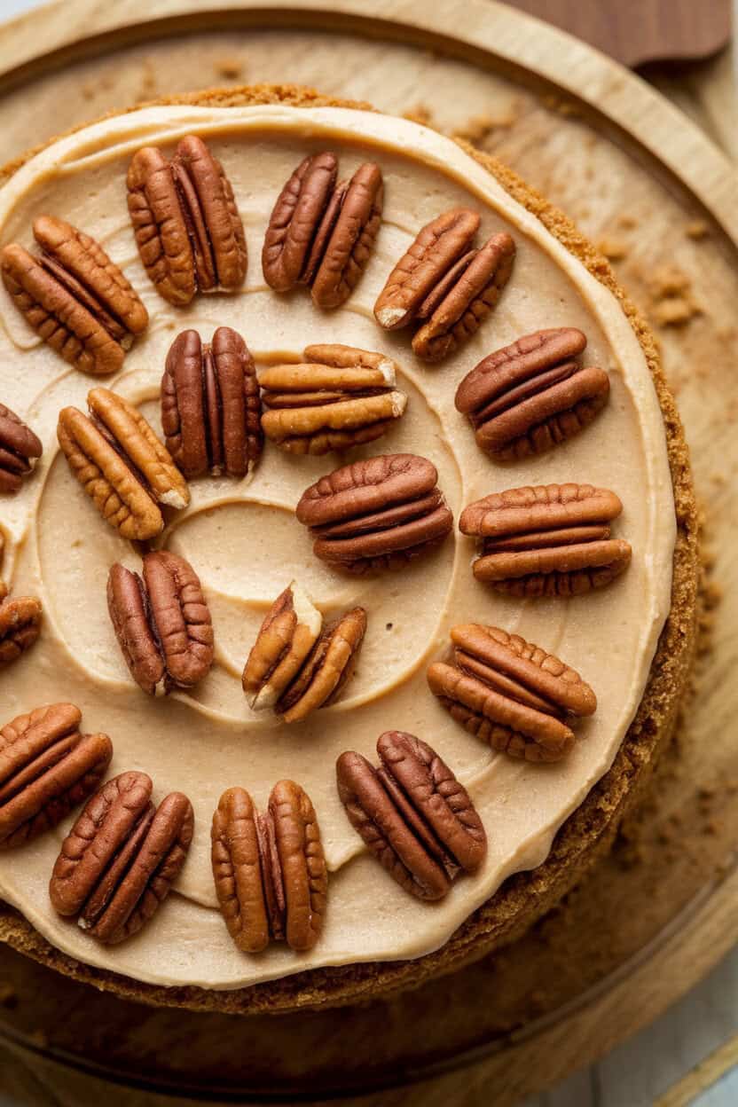 Indoor photo of a round cake slice showing nutty crumb with toasted pecans, brown butter frosting spread on top, no text or logos