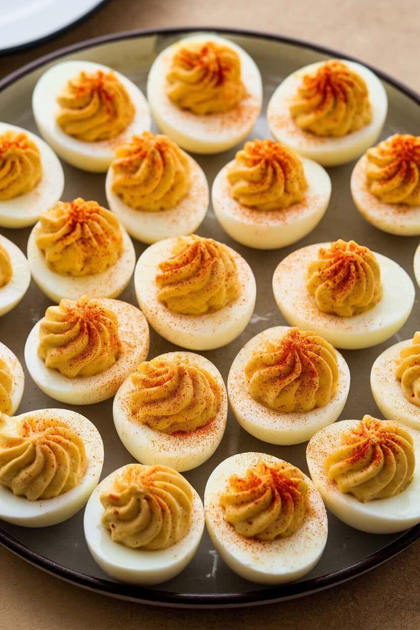 Indoor close-up of a platter of deviled eggs topped with a sprinkle of smoked paprika. No text or logos. Photo, not illustration.