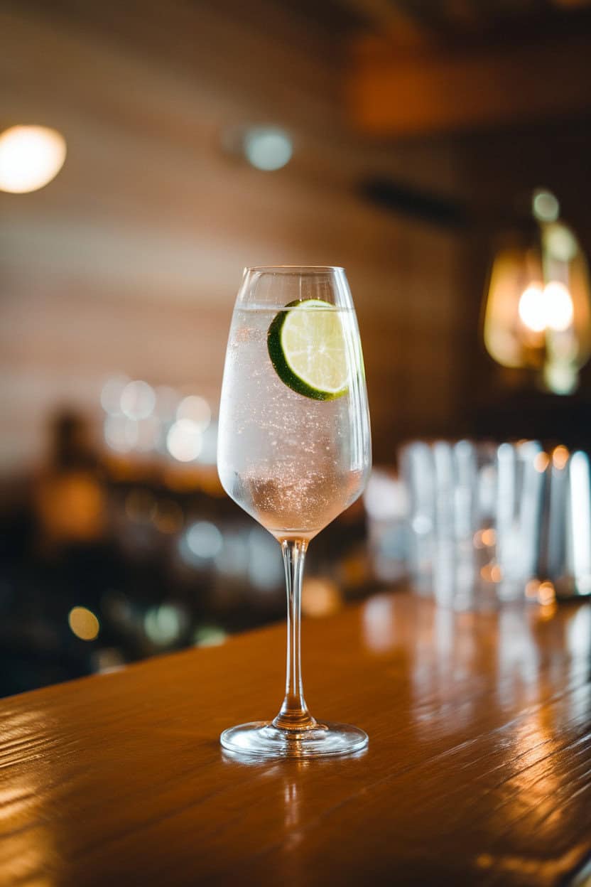 Indoor photo of a stemmed glass filled with sparkling white grape juice and a floating lime wheel, on a wooden bar, no text or logos.