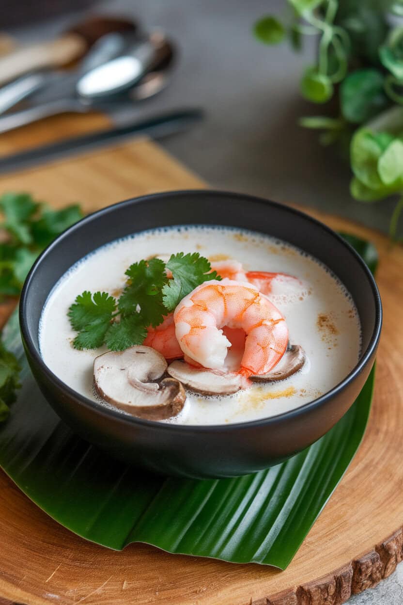 Indoor image of creamy white coconut soup with pink shrimp, mushrooms, and cilantro, served in a black bowl. No text or logos