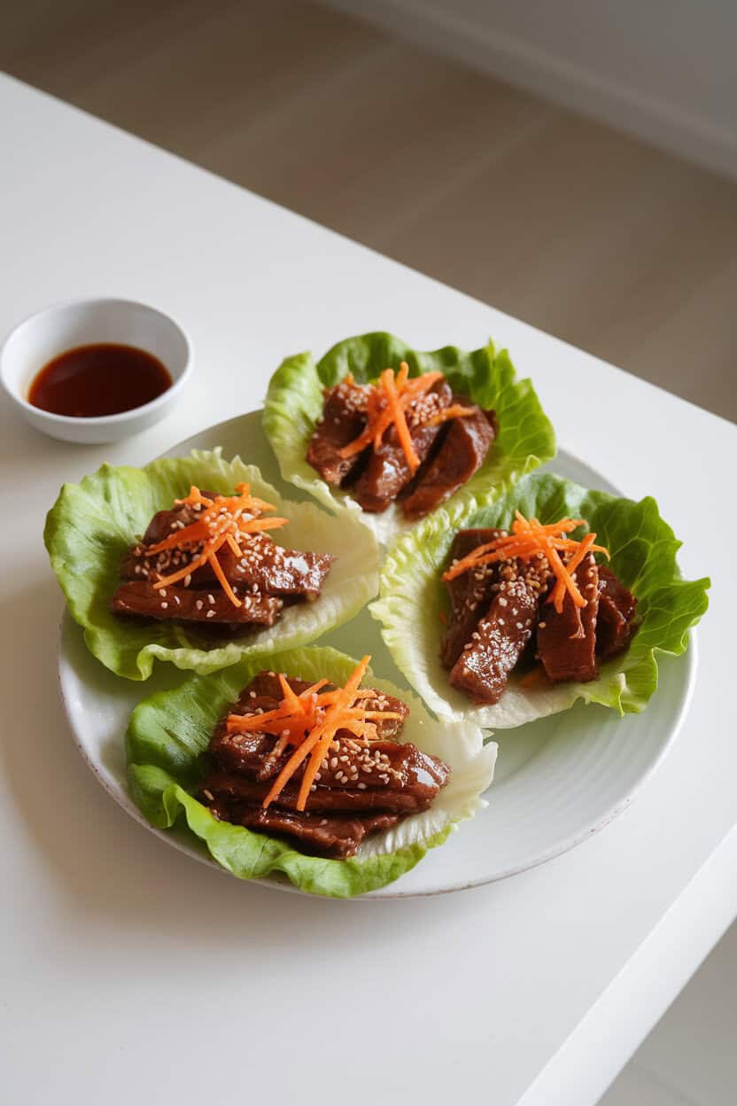 Indoor serving plate with butter lettuce leaves filled with glossy teriyaki beef strips, topped with shredded carrots and sesame seeds. No text or logos.