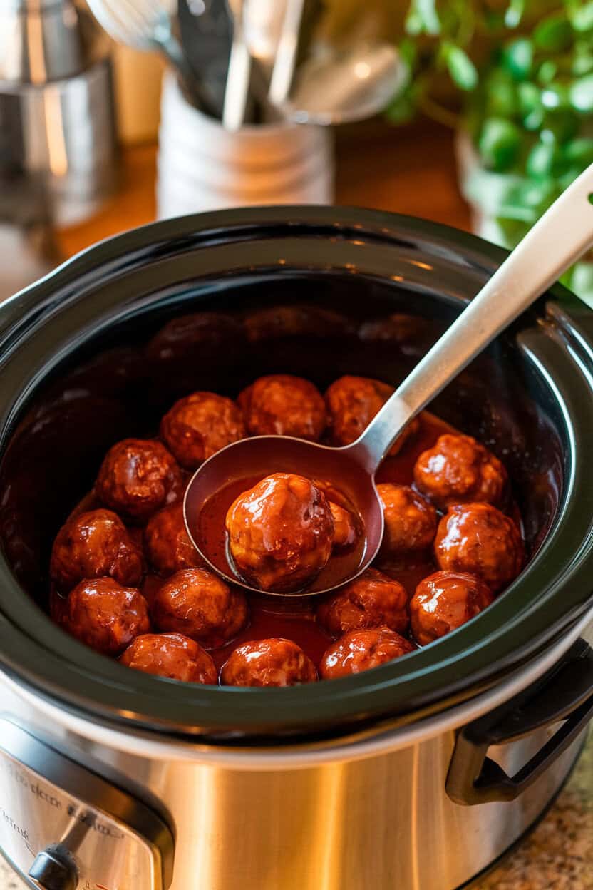 A slow cooker on an indoor counter filled with glazed cocktail meatballs in a deep crimson sauce, a ladle resting inside. No logos. Photo, not illustration.