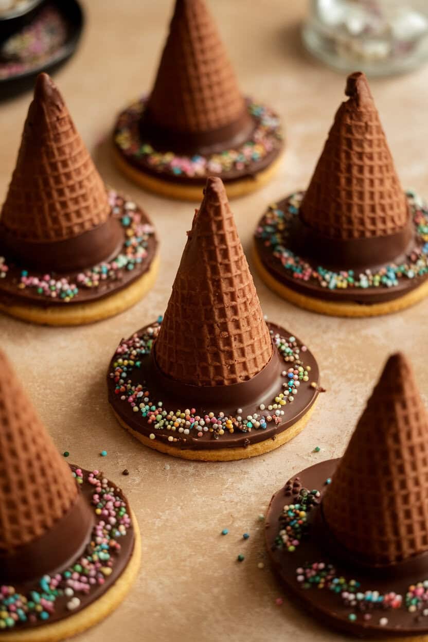 Photo, not illustration. Indoor table with chocolate-dipped waffle cones inverted onto round cookies to resemble witch hats, rims sprinkled with colored sugar. No text or logos visible.