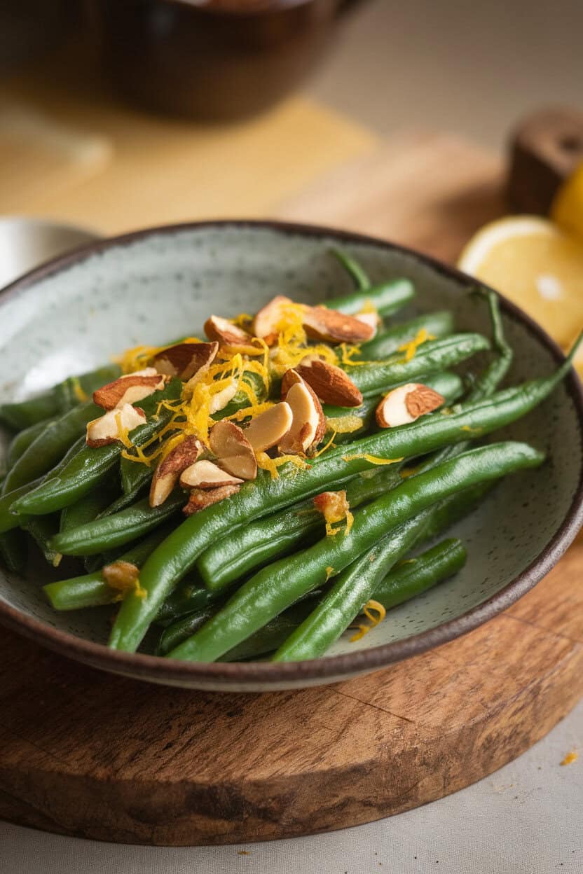 Photo of tender green beans topped with toasted almonds and lemon zest in a shallow serving bowl, indoor setting. No text or logos are visible.