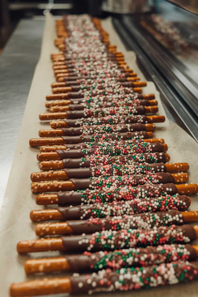 An indoor counter lined with pretzel rods half-dipped in dark chocolate and rolled in festive sprinkles, resting on parchment. No text or logos visible. Photo, not illustration.