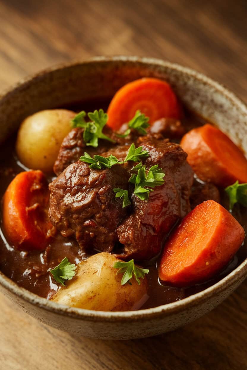A rustic indoor bowl of dark, rich beef stew with carrots and potatoes, garnished with parsley—photo, no text or logos