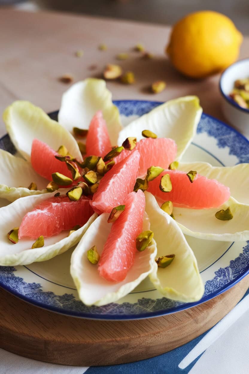 An indoor setting with a porcelain plate of endive leaves fanned out, topped with pink grapefruit segments and chopped pistachios, lightly dressed. No logos or text. Photo.
