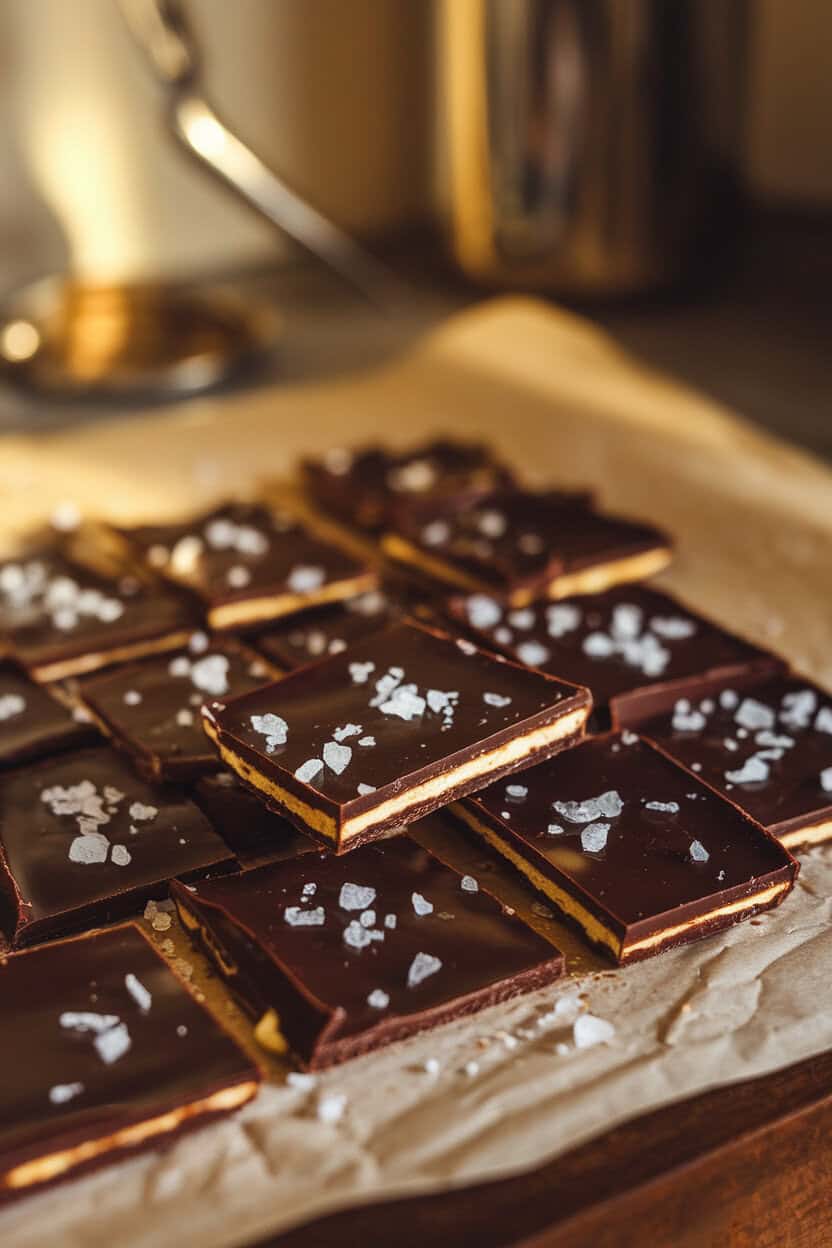 A warmly lit indoor countertop showing broken pieces of glossy dark-chocolate cracker toffee sprinkled with flaky sea salt, arranged on parchment paper. No text or logos visible. Photo, not illustration.