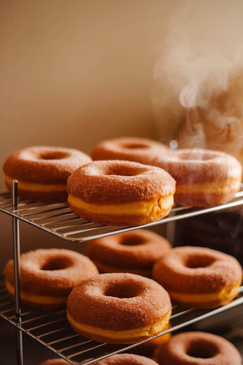 Photo, not illustration. Indoor donut rack displaying baked pumpkin donuts rolled in cinnamon sugar, steam faintly visible. No logos.