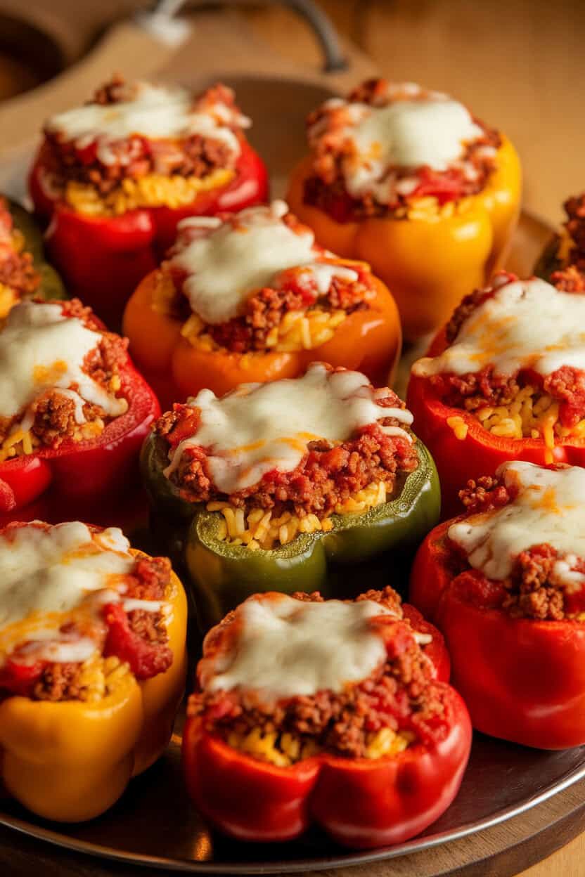 An indoor shot of colorful cooked bell peppers filled with rice, ground beef, and tomato sauce, garnished with melted cheese on top, no text or logos.
