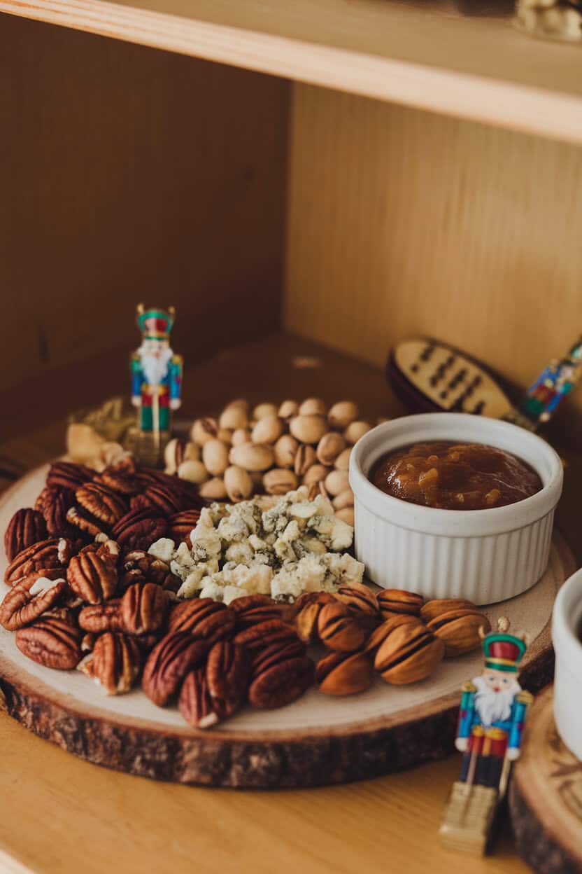 Indoor photo of a board showcasing cracked pecans, pistachios, blue cheese crumbles, and apple butter in a ramekin, with small decorative nutcracker picks nearby. No text or logos. Photo, not illustration.