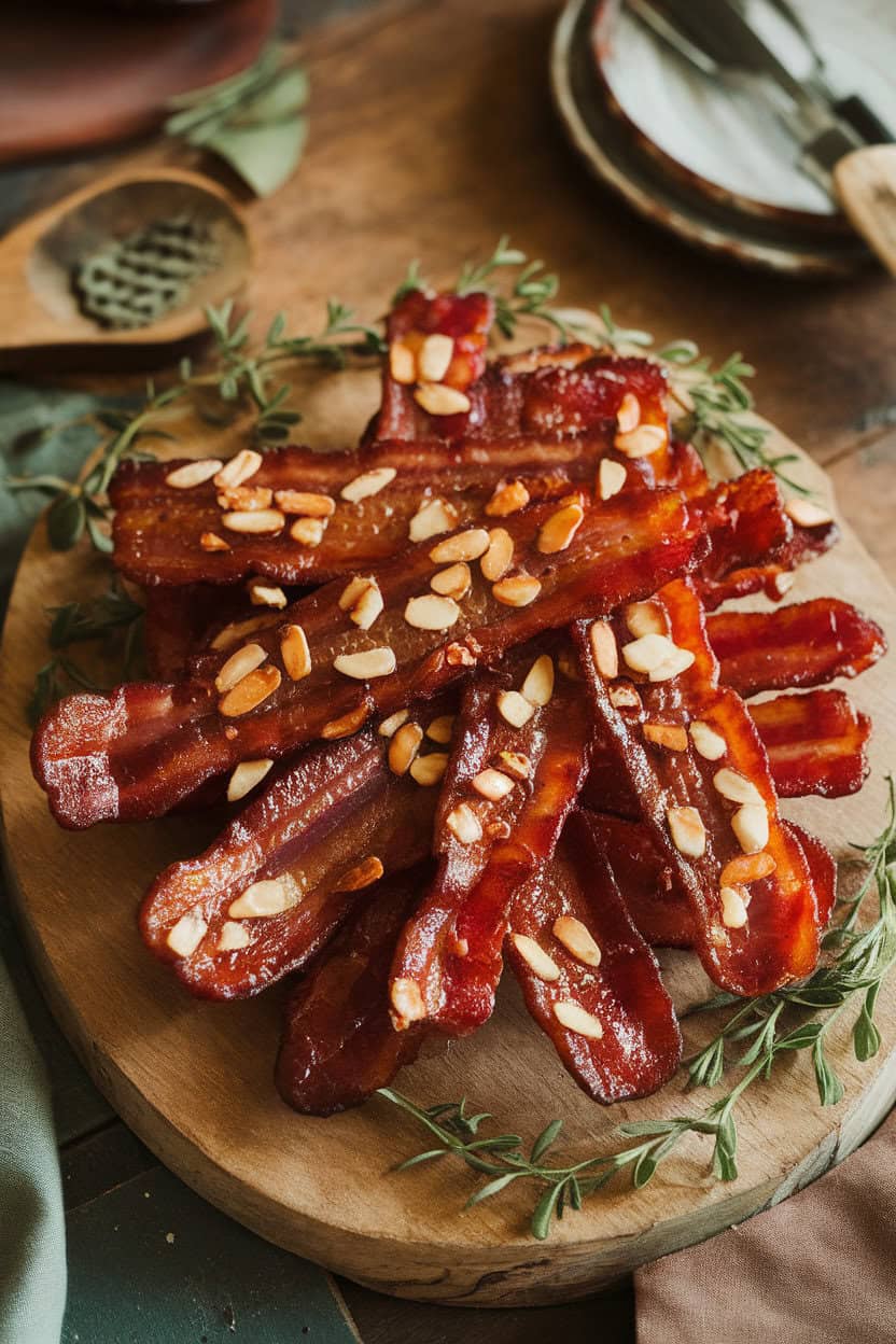 Strips of glazed bacon baked until glossy, trimmed into finger lengths, with slivered almond “nails,” arranged on an indoor platter. No text or logos. Photo only.