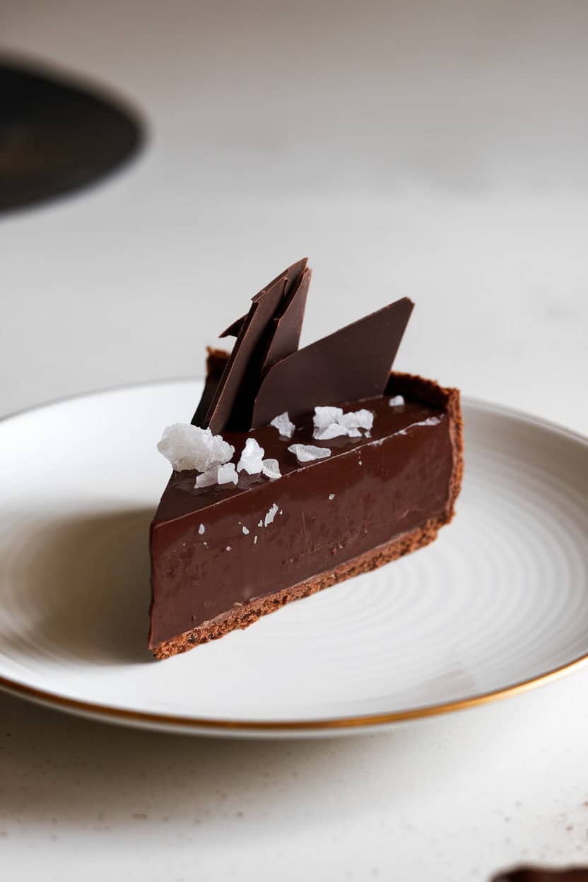 Photo prompt: Indoor dessert plate with a sleek slice of dark chocolate ganache tart, flaky sea salt crystals on top, side view, no text or logos.