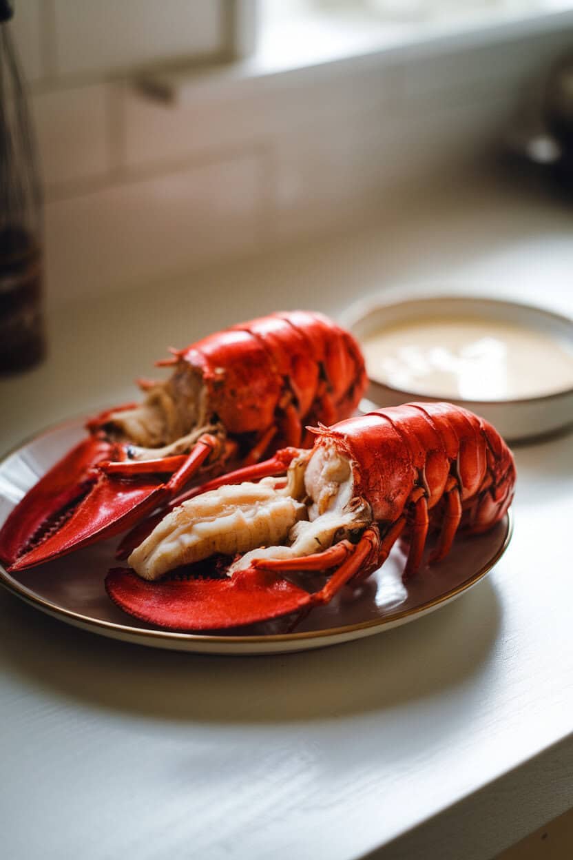 A softly lit indoor kitchen counter with two cooked lobster tails resting on a plate, shells split to reveal tender meat, a small pool of light butter-champagne sauce nearby. No text or logos; photo only.