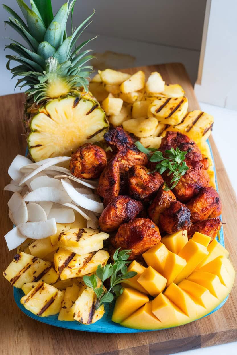 Photo indoors of a vibrant platter with grilled pineapple chunks, coconut chips, spicy jerk chicken bites, mango slices, and pepper jack, bright natural light, no logos.