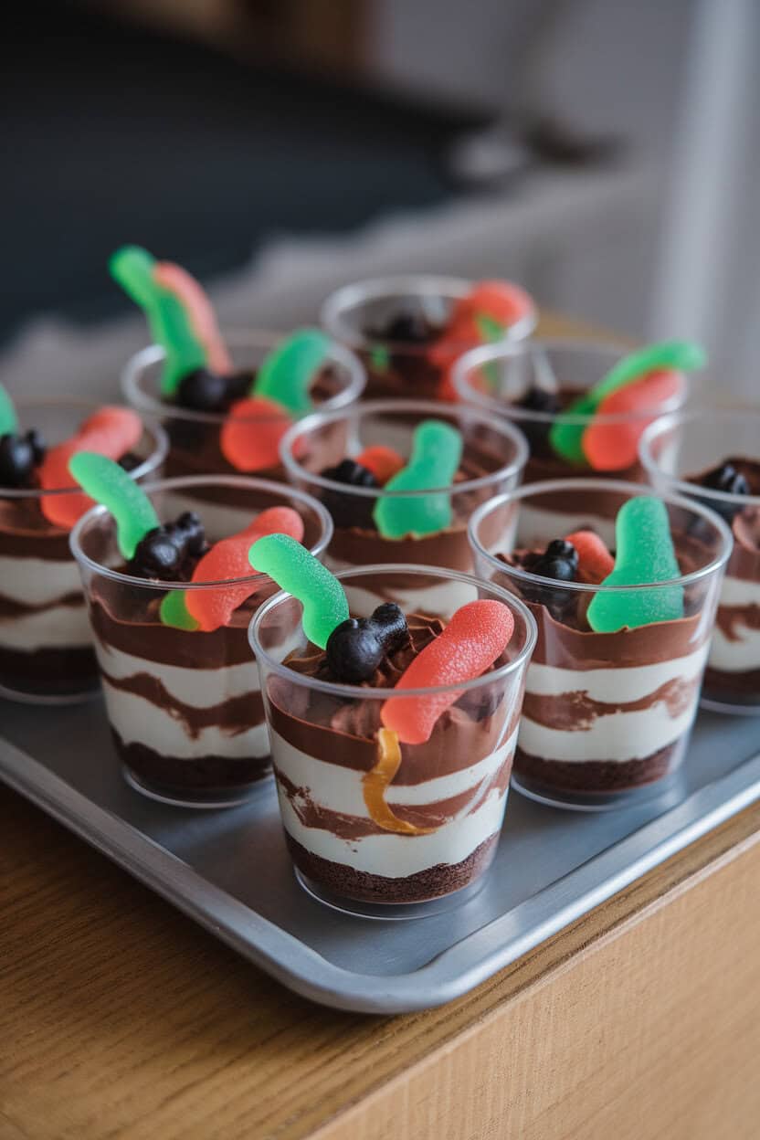 Photo, not illustration. Individual clear cups layered with chocolate cake, frosting, gummy worms, and candy bugs on an indoor tray. No branding anywhere.