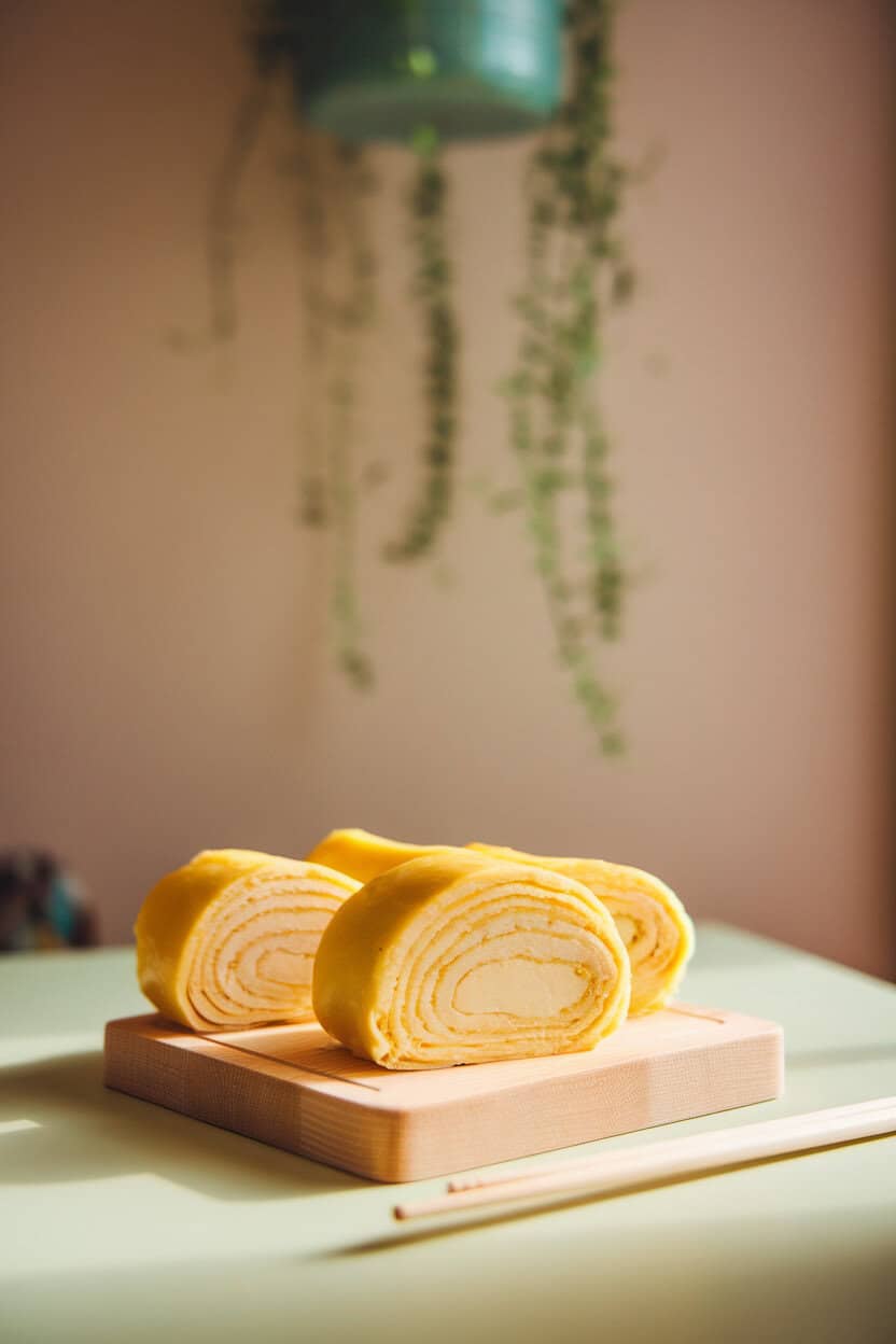 A softly lit indoor setting with neat slices of rolled tamagoyaki stacked on a small wooden board, chopsticks resting alongside. No text or logos present. Photo, not illustration.