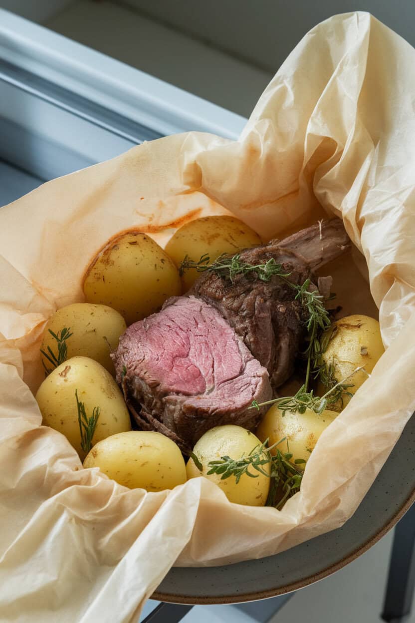 Photo of parchment-wrapped cooked lamb kleftiko opened to reveal meat, potatoes, and herbs, placed on an indoor plate, no text or logos.