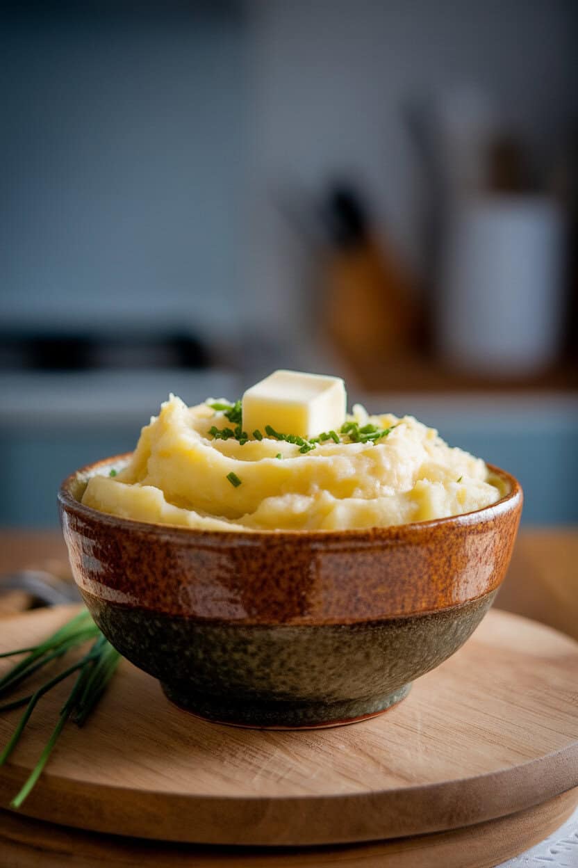 A ceramic serving bowl filled with creamy mashed potatoes topped with a pat of melting butter and minced chives, soft indoor lighting, no text or logos.