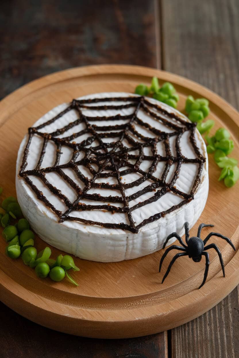 Indoor photo of a round of soft cheese with concentric rings of black olive tapenade dragged inward to form a web, plastic spider garnish on the side. No text or logos.