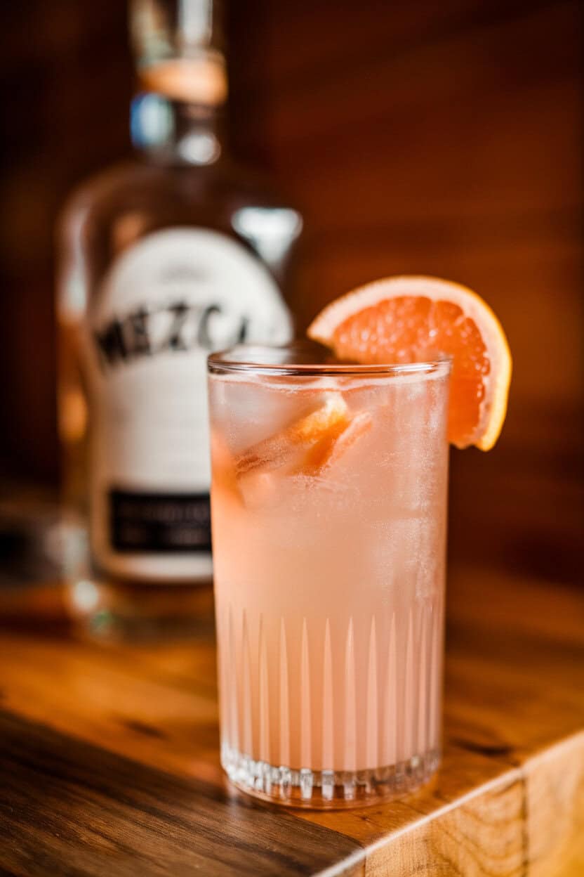 An indoor bar with a highball glass of pale pink Smoked Honey Paloma, mezcal bottle blurred in back, grapefruit wedge perched on rim; no text or logos; photo