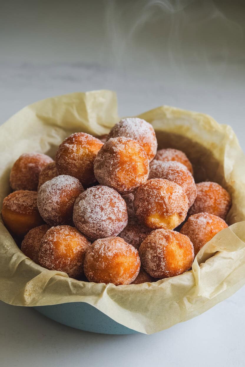 Indoor bowl lined with parchment, heaped with cinnamon-sugar coated donut holes, steam faintly visible. No logos. Photo only.