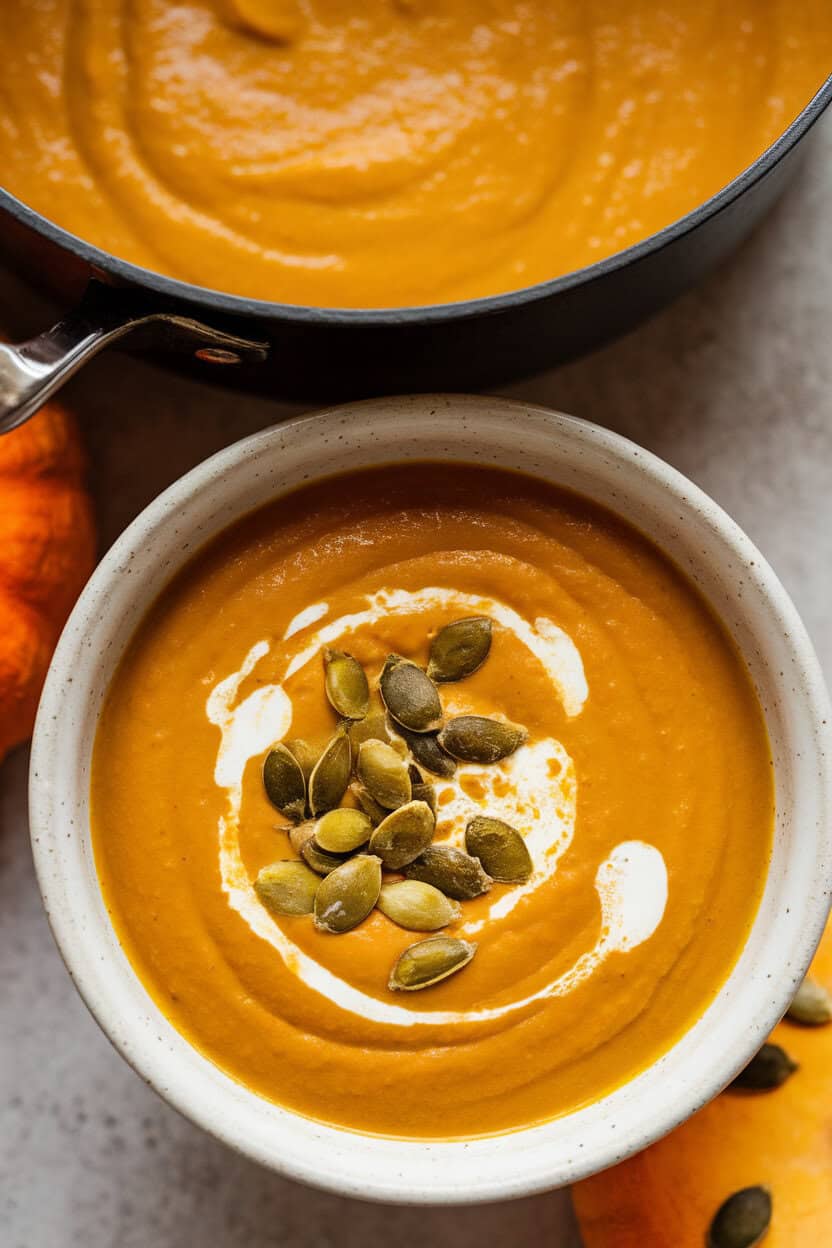 An indoor bowl of velvety orange soup garnished with pumpkin seeds and a swirl of cream, soup pot nearby. No text or logos. Photo, not illustration.