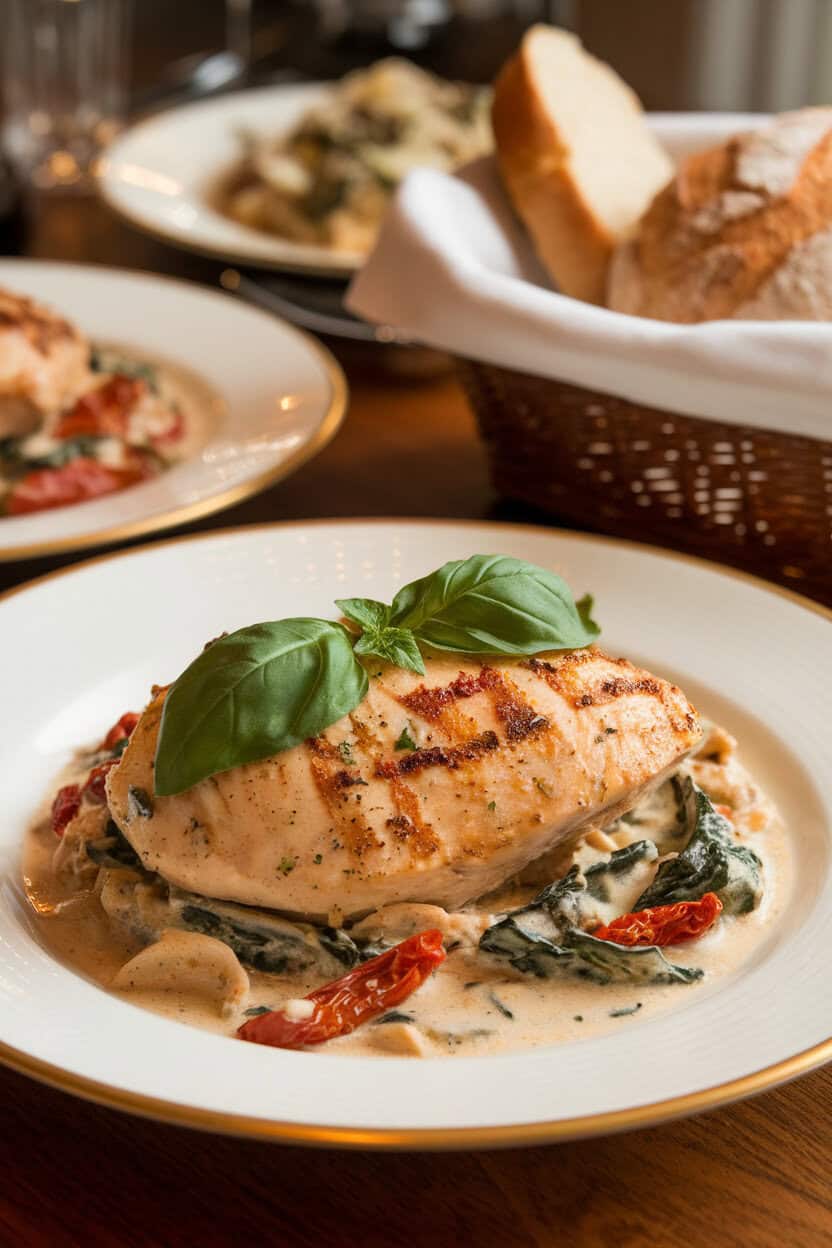 An indoor dining scene showcasing creamy Tuscan chicken with sun-dried tomatoes and spinach in a light sauce, no logos present.