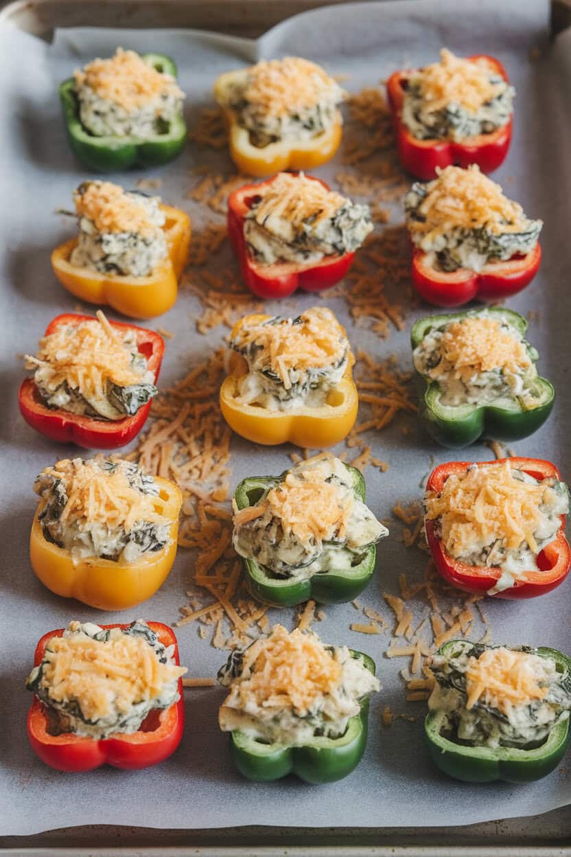 Indoor baking sheet with colorful mini bell peppers halved and filled with creamy spinach-artichoke mixture, cheese lightly browned—no text or logos.