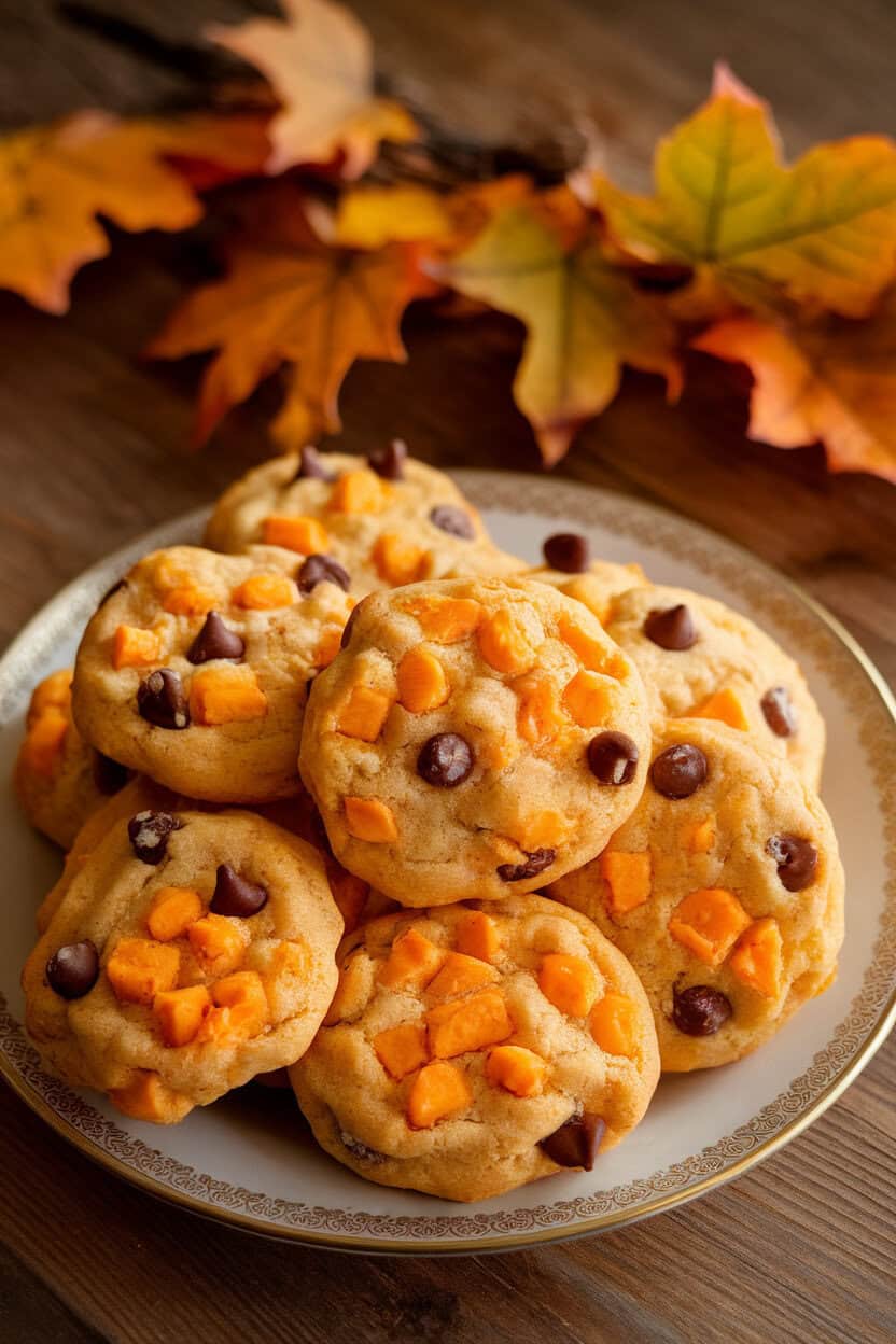 Indoor scene with a plate of golden cookies flecked with orange sweet-potato bits and semi-sweet chips, autumn leaves decor in background, no text or logos.