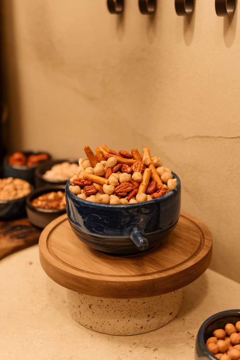 Indoor snack station displaying a ceramic bowl of trail mix featuring peanuts, pretzel sticks, and spicy roasted chickpeas, no text or logos, photo style