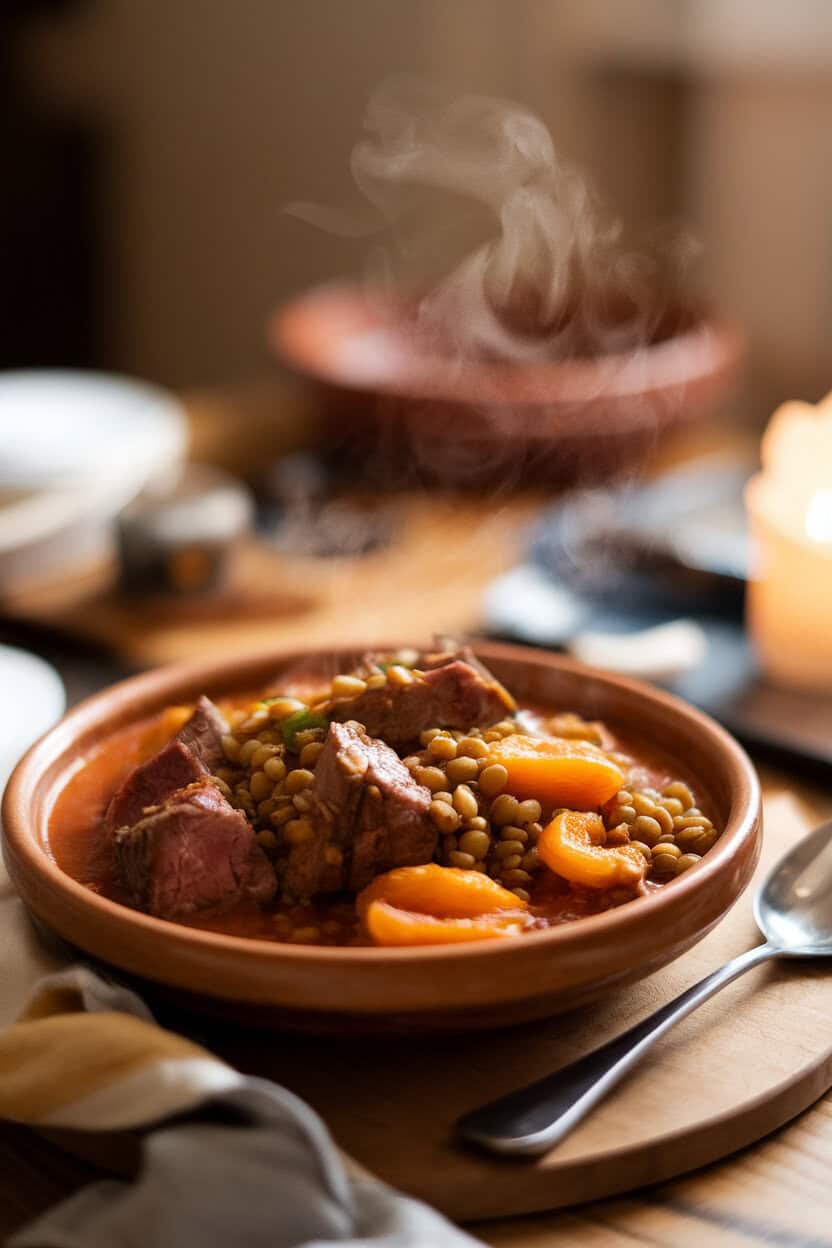 Indoor dining table with a shallow bowl of lamb and lentil tagine—tender chunks of lamb, green lentils, and apricots in a spiced tomato sauce—steam rising under warm light. Photo only, no text or logos.