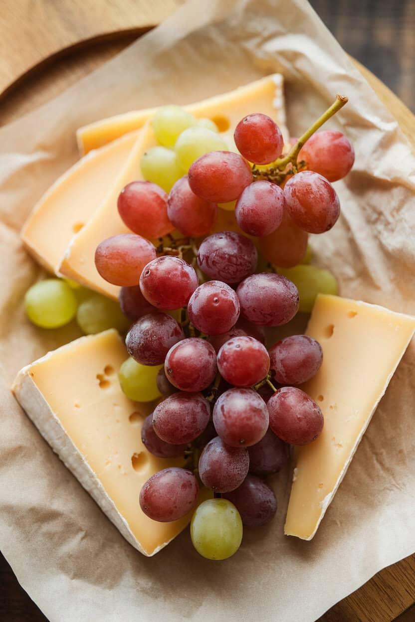 Indoor photo of a small bunch of red and green seedless grapes resting on parchment beside cheese wedges, soft overhead light. No text or logos.