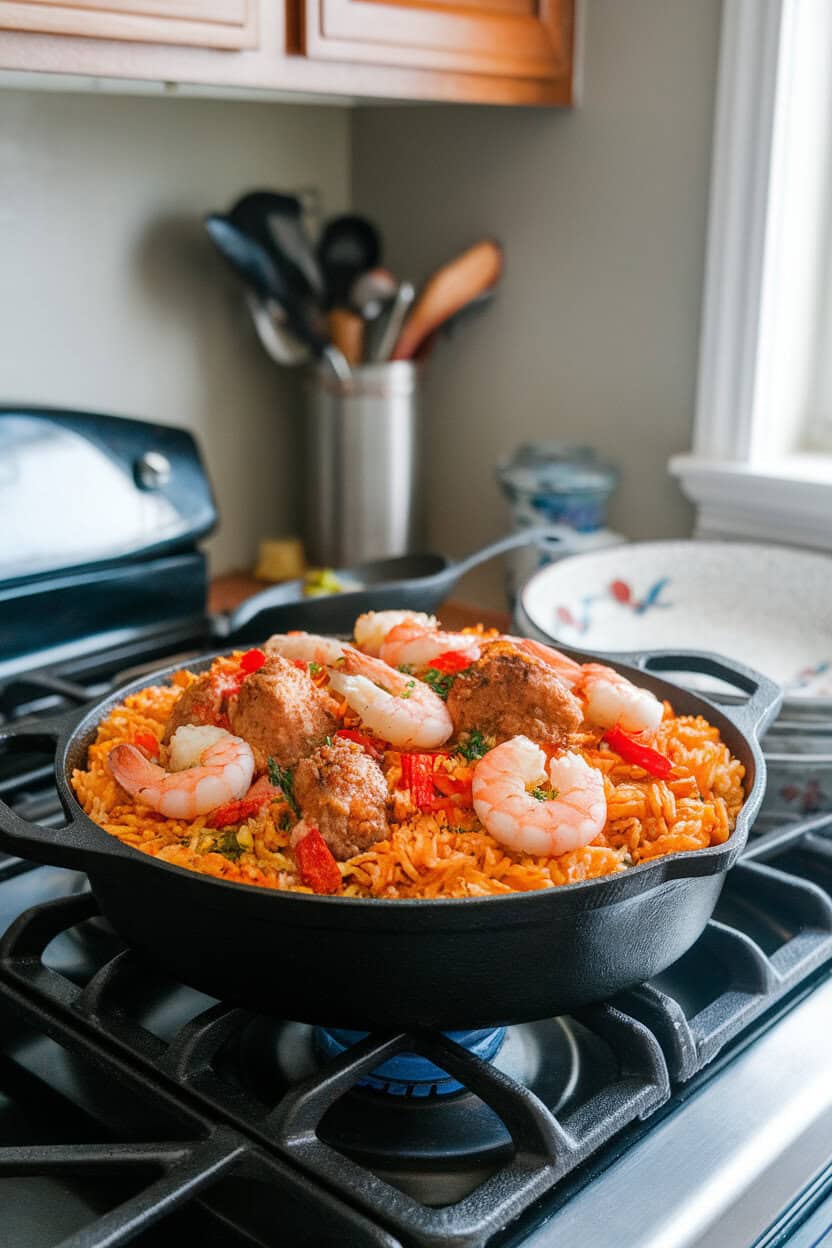 Indoor stovetop scene showing a casserole filled with rice, shrimp, chicken, sausage, and vibrant Cajun spices. Photo only, no text or logos; seafood fully cooked.