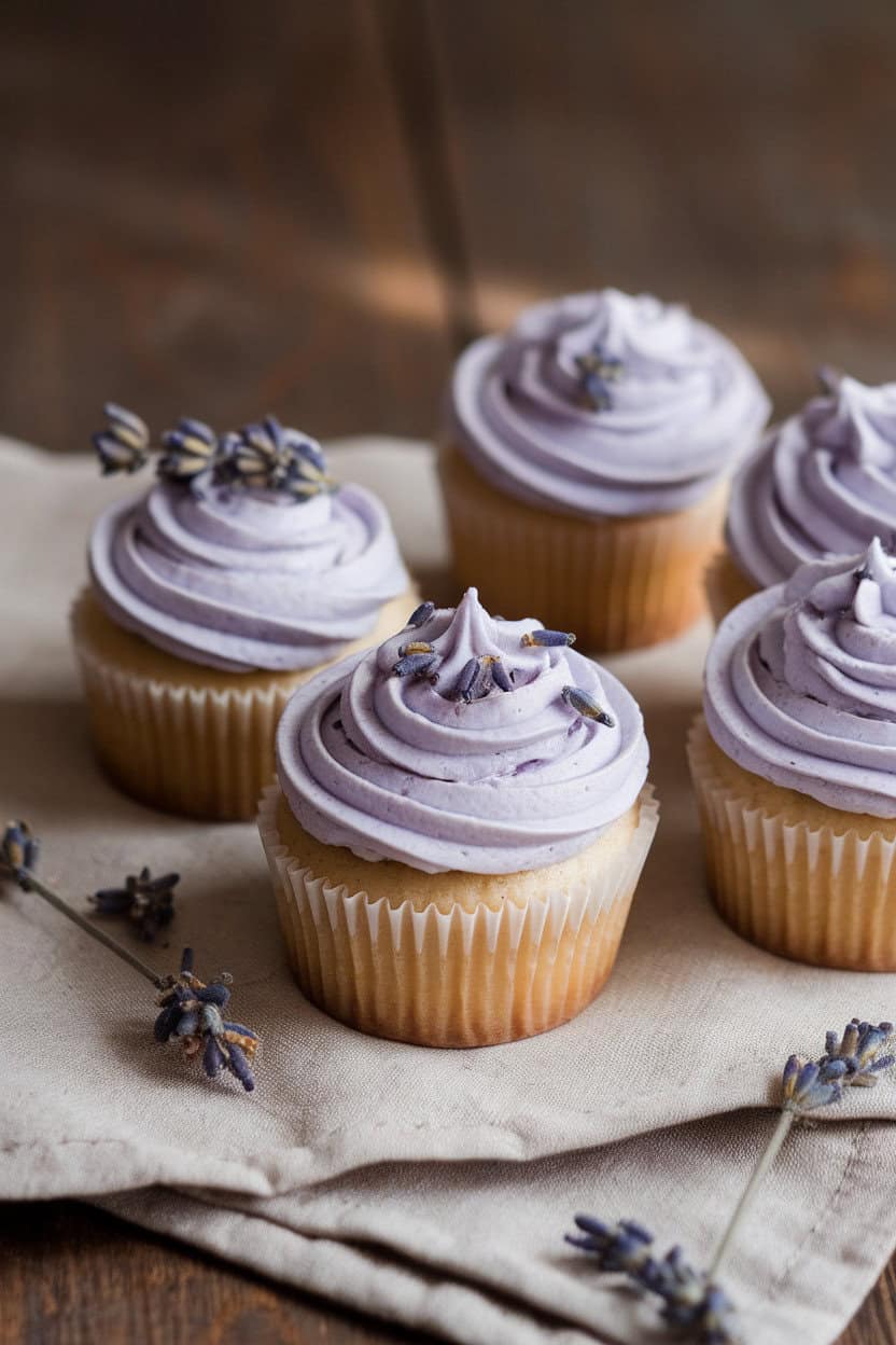 Indoor photo of pale ivory cupcakes with lavender-tinted frosting, garnished with a few dried lavender buds, on a rustic linen. No text or logos.