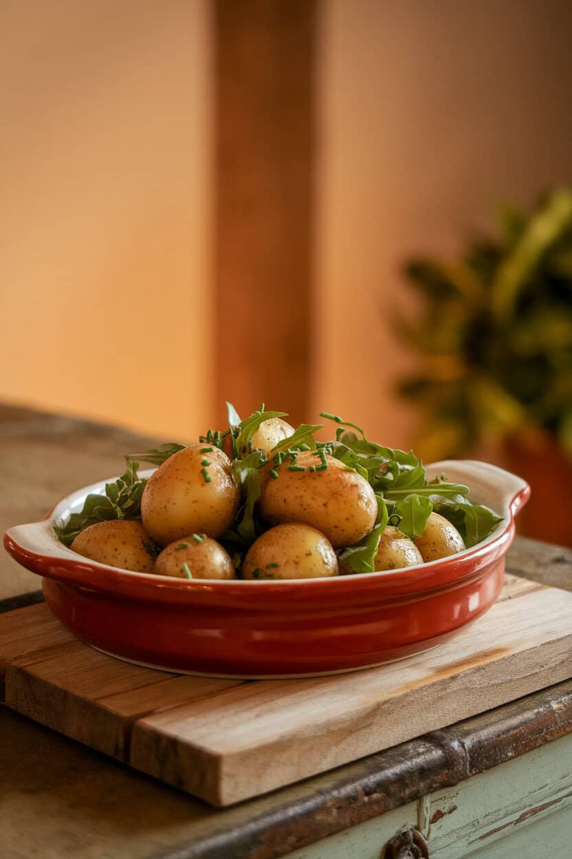 Indoor countertop with a ceramic serving dish of baby potatoes tossed with arugula and whole-grain mustard vinaigrette, garnished with chopped chives. No logos or text. Photo.
