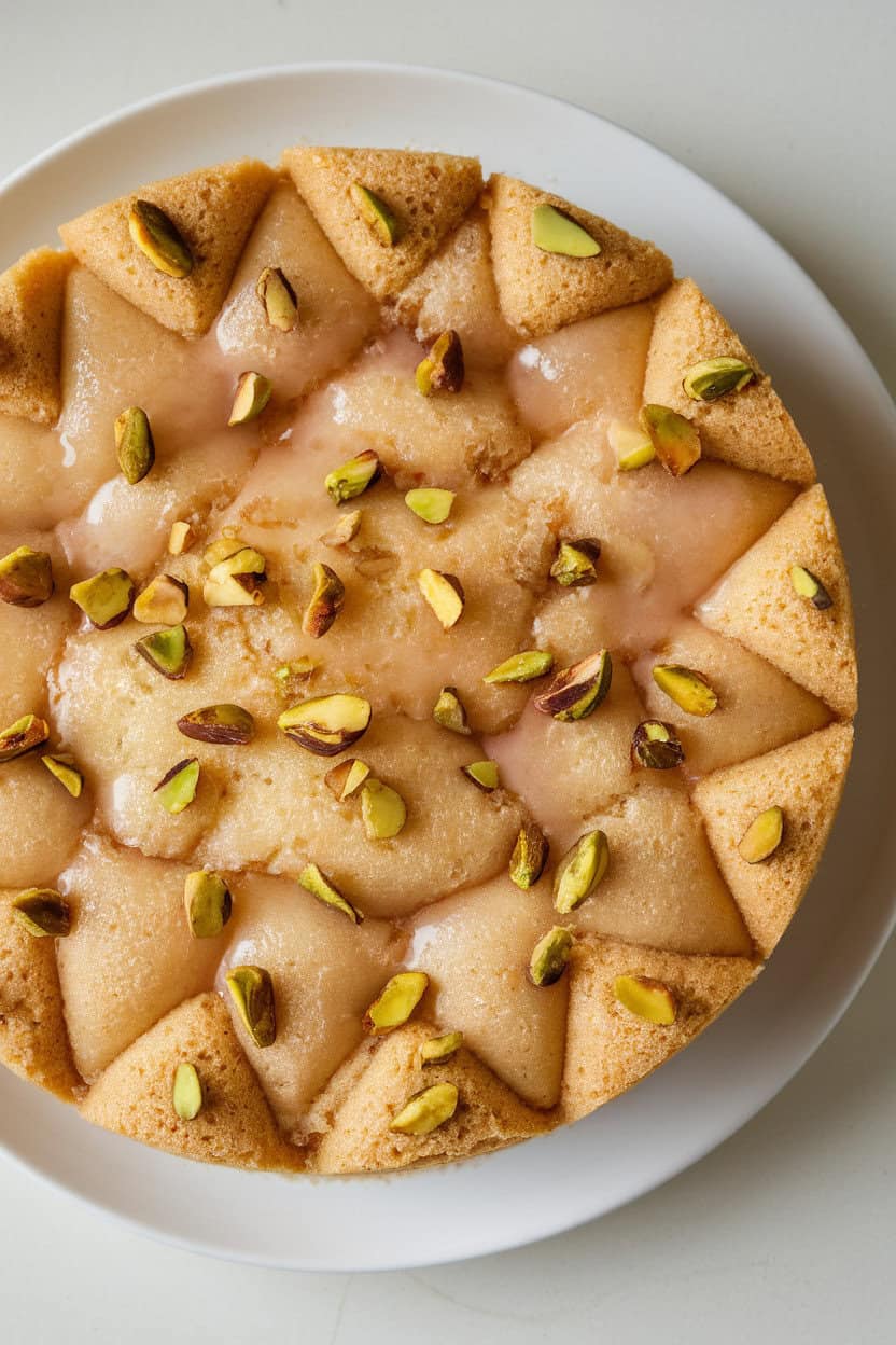 Indoor overhead shot of a diamond-cut piece of semolina cake studded with chopped pistachios, light rosewater syrup glistening on the surface. Photo only, no text or logos.