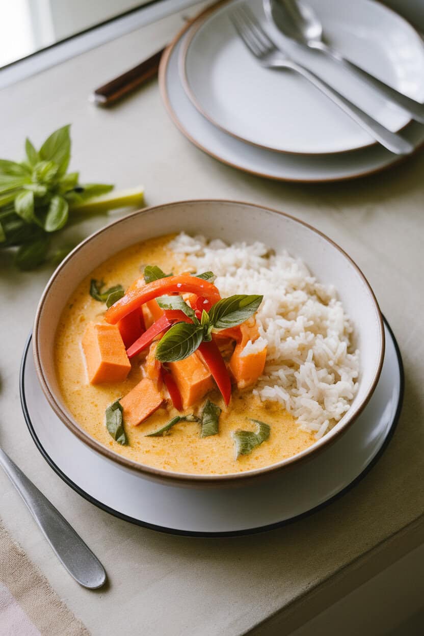Photo of a bowl of creamy coconut curry with sweet potato cubes, red bell pepper strips, and fresh basil, served over jasmine rice on an indoor table. No text or logos.