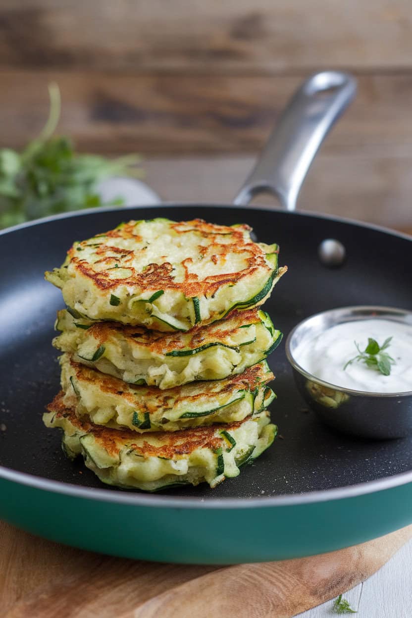 A frying pan indoors holding stacked zucchini fritters with a side of yogurt sauce. No text or logos.