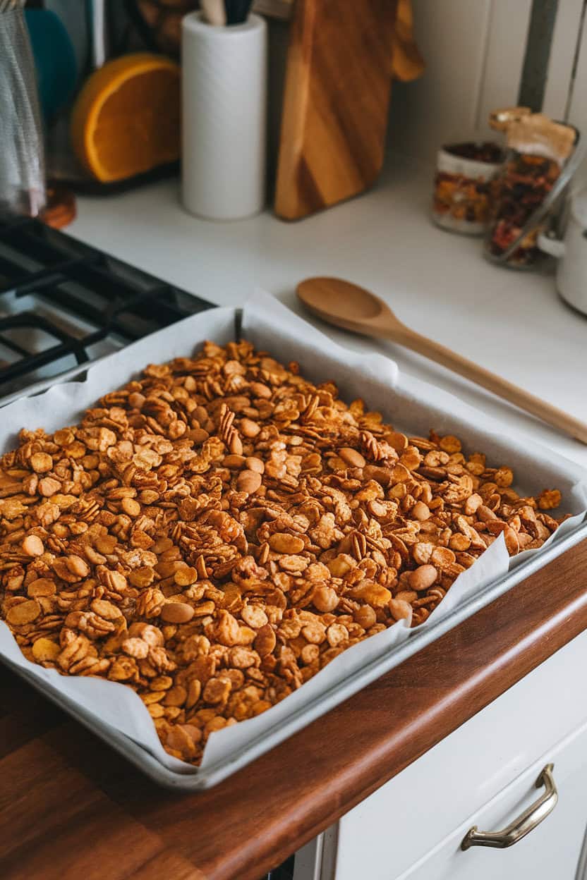 A cozy kitchen countertop featuring a baking sheet of golden pumpkin spice granola, a wooden spoon tucked to the side, no text or logos present.